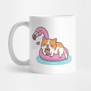 Cute Cat Drinking Bubble Tea And Chilling On Flamingo Pool Float Mug